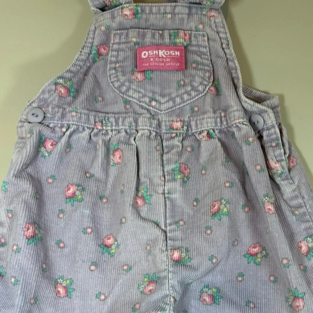 Vintage OshKosh RARE BOW BACK Purple Floral Corduroy Overalls 12 Months 80s